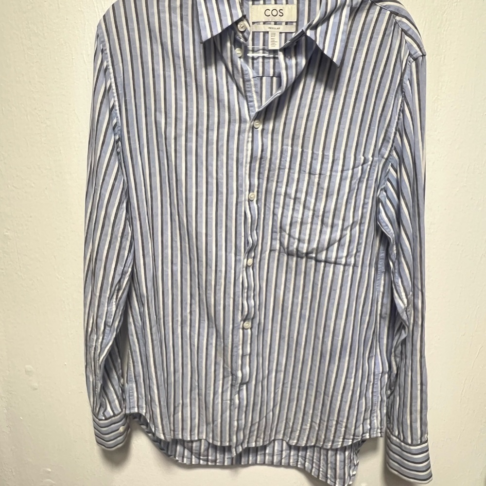 COS Men's Light Blue and White Striped Shirt